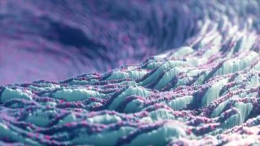 Soyut dalga yer değiştirme yüzeyi. Soyut gezegen yüzeyi. Gürültü dokusu, yüzey detaylarının inme ve inmelerini sağlar. Mavi pembe spektrum. Dikişsiz döngü 4k 3d render