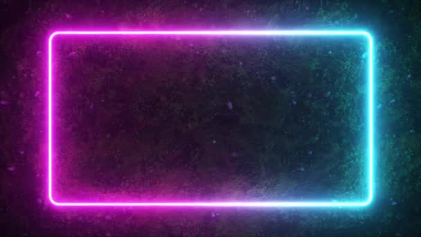 Rektangulär neonskimrande ljus form på bakgrunden av en smuts skogsyta. Spektrumet av modernt ultraviolett lysrörsljus. 3D Render blå lila — Stockvideo