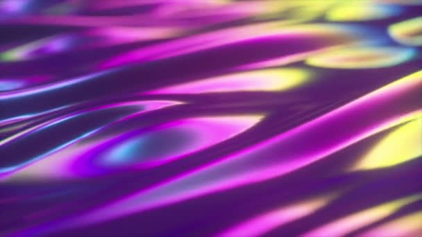 Αφηρημένο ολογραφικό φόντο επιφάνεια πετρελαίου, φύλλο κυματιστή επιφάνεια, κύμα και κυματισμούς, υπεριώδες σύγχρονο φως, νέον μπλε ροζ χρώματα φάσματος, 3D καθιστούν γραφικό σχεδιασμό, βρόχο χωρίς ραφή 4k animation — Αρχείο Βίντεο