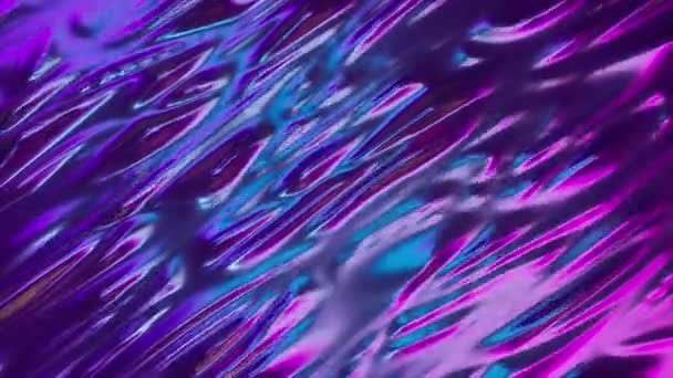 Soyut holografik yağ yüzeyi arka planı, folyo dalgalı yüzey, dalga ve dalgalar, ultraviyole modern ışık, neon mavisi pembe spektrum renkleri, 3D render grafik tasarımı, dikişsiz 4k animasyon — Stok video