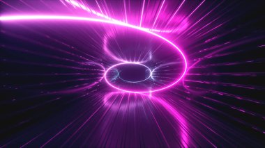 Soyut neon arka plan. 3d metal koridor boyunca neon ultraviyole spiral yayılır render. Hipnotik spiral, mavi kırmızı pembe mor spektrum, 3d illüstrasyon