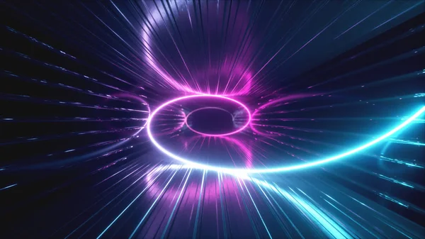 Fondo de neón abstracto. 3d renderizar espiral ultravioleta de neón se extiende a lo largo del corredor de metal. Espiral hipnótica, espectro púrpura rosa rojo azul, ilustración 3d — Foto de Stock