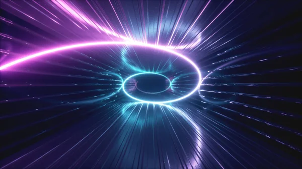 Abstrakter Neon-Hintergrund. 3d rendern Neon ultraviolette Spirale breitet sich entlang des Metallkorridors aus. hypnotische Spirale, blau rot rosa violettes Spektrum, 3D-Illustration — Stockfoto
