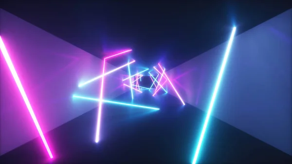 Abstraktní létání v futuristické chodbě, 3D ilustrace, fluorescenční ultrafialové světlo, zářící barevné laserové neonové linie, geometrický nekonečný tunel, modré růžové spektrum, 3D vykreslení — Stock fotografie