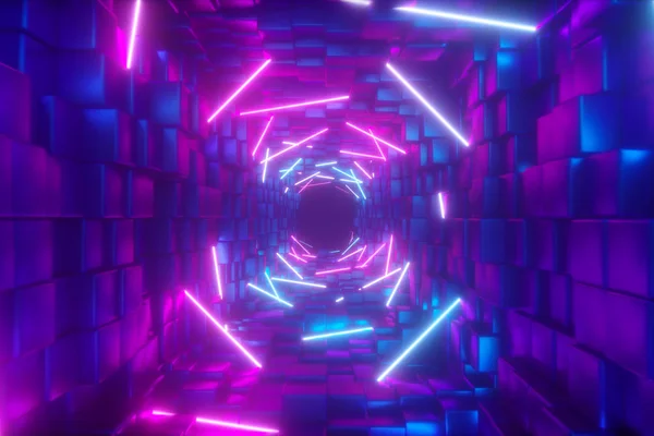 Uçan fütüristik koridor, floresan ultraviyole ışık, parlak renkli lazer neon çizgiler, geometrik sonsuz tünel, mavi pembe spektrum, 3d illüstrasyon soyut — Stok fotoğraf