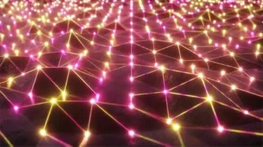 Bir neon ızgara ve aydınlık küreler ile Retro futuristik tarzı bir kabartma alanının peyzaj üzerinde uçan. Modern ultraviyole ışığı. Dikişsiz döngü 4k animasyon