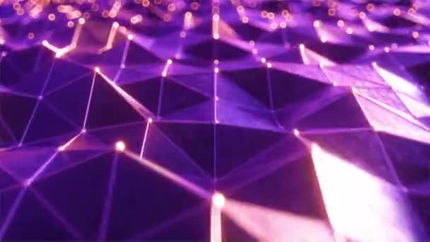 ネオングリッドと発光球を持つレトロな未来的なスタイルでレリーフエリアの風景の上を飛びます。現代の紫外線。シームレスループ4Kアニメーション — ストック動画