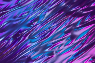 Soyut holografik yağ yüzey arka plan, folyo dalgalı yüzey, dalga ve dalgalar, ultraviyole modern ışık, neon mavi pembe spektrum renkleri, 3d render grafik tasarım, 3d illüstrasyon