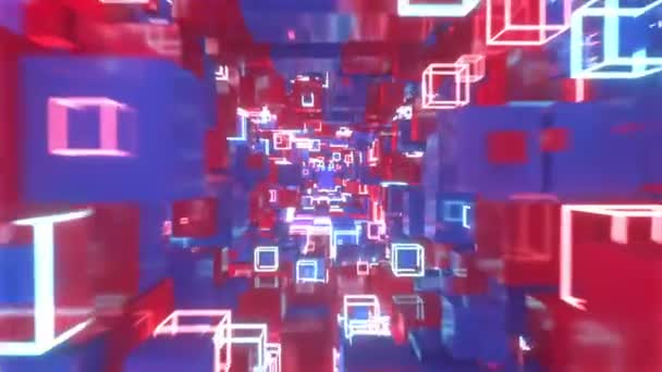 Volando en un espacio de movimiento abstracto de coloridos cubos rojos y azules con cubos brillantes de neón. Inconsútil bucle de animación 4k — Vídeos de Stock