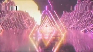 80'lerin tarzında parlayan neon üçgeni ile retro fütüristik bir alanda uçan. Sorunsuz döngü 3d render. Eski film kasetinin gürültü, parazit ve distorsiyon ile etkisi.