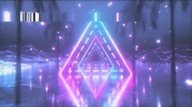 80'lerin tarzında parlayan neon üçgeni ile retro fütüristik bir alanda uçan. Gürültü, girişim ve bozulma ile eski film kasetetkisi. Dikişsiz döngü 3d render