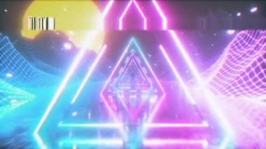 80'lerin tarzında parlayan neon üçgeni ile retro fütüristik bir alanda uçan. Sorunsuz döngü 3d render. Eski film kasetinin gürültü, parazit ve distorsiyon ile etkisi.