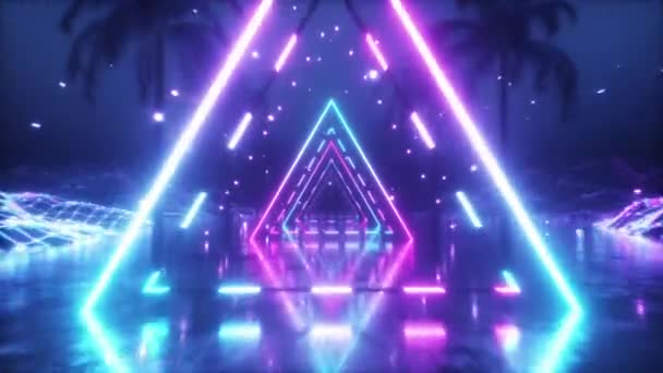 Abstrakter Retro-futuristischer Hintergrund der 80er Jahre. Schöne Animation mit modernem ultraviolettem Neon-Dreieck. Retrowellen-Stilisierung. Mit Partikeln und Palmen im All fliegen — Stockvideo