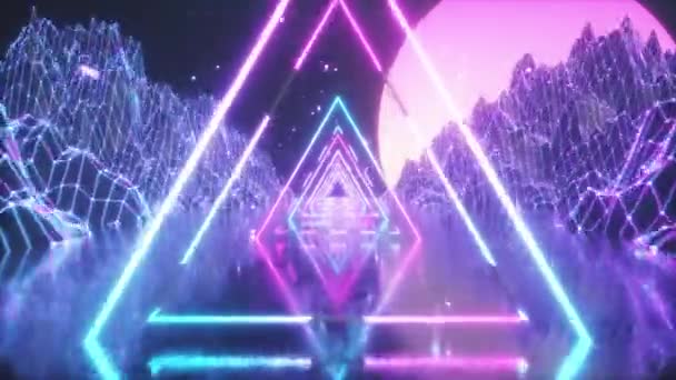 80s Résumé arrière-plan futuriste rétro. Belle animation avec des lumières modernes triangle néon ultraviolet. Stylisation par ondes rétro. Voler dans l'espace avec des particules et du soleil — Video