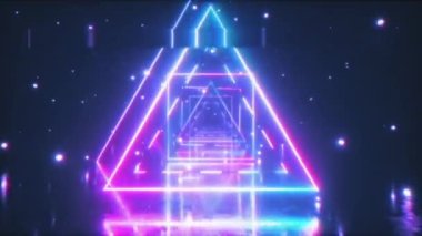 80'li yıllarda parlayan neon kare ile retro fütüristik bir alanda Uçan. Sorunsuz döngü 3d animasyon. Eski film kasetinin gürültü, parazit ve distorsiyon ile etkisi.