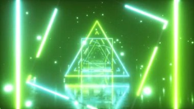 Parlayan dönen neon kareler ve üçgen ile uzayda soyut uçuş