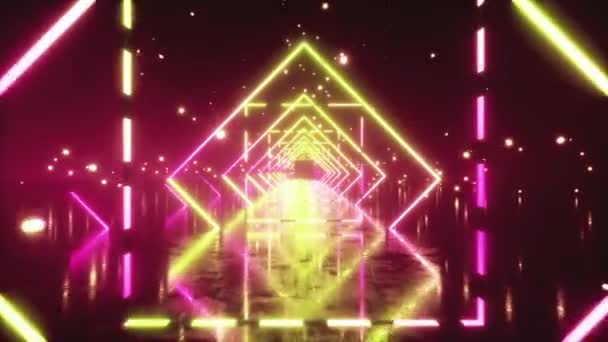 Voo abstrato no espaço através de quadrados de néon brilhantes — Vídeo de Stock