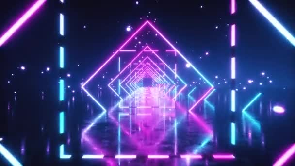 Abstrakter Flug im All durch leuchtende Neon-Quadrate. blaurosa Spektrum, fluoreszierendes ultraviolettes Licht. nahtlose 3D-Animation in Schleife — Stockvideo