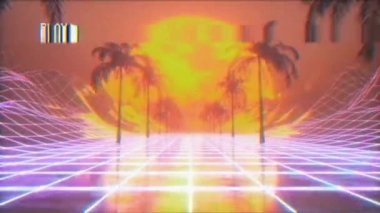 Retro fütüristik hiperuzay arka plan 80s tarzı uçan. Distorsiyonlar, gürültü ve renk sapması ile Film Vhs etkisi.