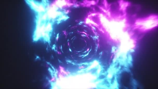 宇宙空間でカラフルな抽象的なエネルギートンネルで飛行。渦エネルギーは現代の青色紫色の光の中を流れます。シームレスループ3Dアニメーション — ストック動画
