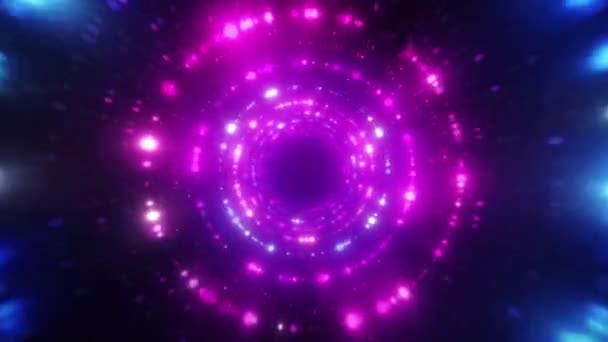 明るい抽象的な波状の動きの背景。ネオン紫外線ランプ。らせんトンネルの輝く点。明るい明るい点。レーザー光。現代のピンクと青の色のスペクトル。シームレスループ3Dアニメーション — ストック動画