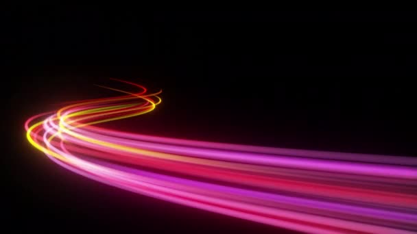 Luminoso viola incandescente flussi veloci in movimento di luce, lungo una traiettoria. Linea di onde volanti ad energia veloce con luci flash. Animazione magico turbinio traccia percorso su sfondo nero . — Video Stock