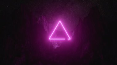 Güzel minimalist fantastik manzara. Dönen bir gece yıldızlı gökyüzünün arka planına karşı dağların arasında parlak pembe neon üçgen. Dikişsiz döngü 3d render