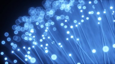 Milyonlarca fiber optik kablo sinyali kaotik bir hareketle iletir. Kırmızı ve mavi kablolar 3d illüstrasyon