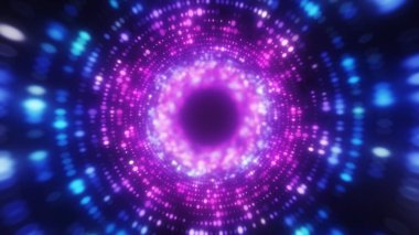 Parlak soyut dalgalı hareket arka plan. Neon ultraviyole lambalar. Spiral tünelin parlayan noktaları. Parlak parlak noktalar. lazer ışığı. Modern pembe ve mavi renk spektrumu. 3d illüstrasyon