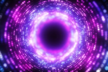 Parlak soyut dalgalı hareket arka plan. Neon ultraviyole lambalar. Spiral tünelin parlayan noktaları. Parlak parlak noktalar. lazer ışığı. Modern pembe ve mavi renk spektrumu. 3d illüstrasyon