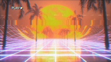 Retro fütüristik hiperuzay arka plan 80s tarzı uçan. Distorsiyonlar, gürültü ve renk sapması ile Film Vhs etkisi. 3d illüstrasyon