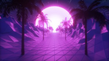 Retro fütüristik hiperuzay arka plan 80s tarzı 3d illüstrasyon Uçan