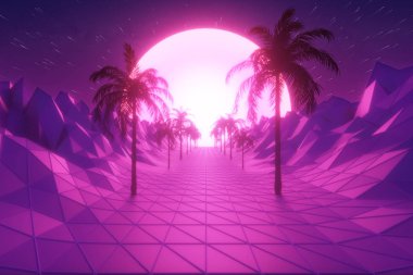 Retro fütüristik hiperuzay arka plan 80s tarzı 3d illüstrasyon Uçan