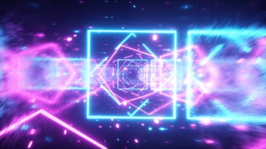 80'li yıllarda neon parlayan rakamlar ile retro fütüristik uzayda Crazy uçuş. 360 derece kamera dönüşü. 3d illüstrasyon