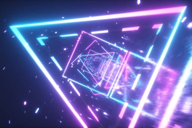 80'li yıllarda neon parlayan rakamlar ile retro fütüristik uzayda Crazy uçuş. 360 derece kamera dönüşü. 3d illüstrasyon