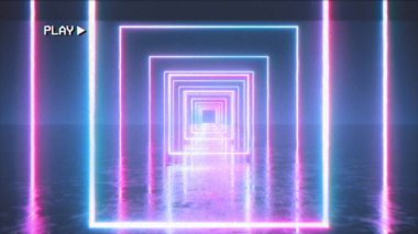 80'li yıllarda parlayan neon kare ile retro fütüristik bir alanda Uçan. 3d illüstrasyon. Eski film kasetinin gürültü, parazit ve distorsiyon ile etkisi.
