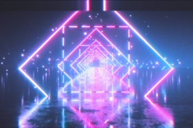80'li yıllarda parlayan neon kare ile retro fütüristik bir alanda Uçan. 3d illüstrasyon. Eski film kasetinin gürültü, parazit ve distorsiyon ile etkisi.