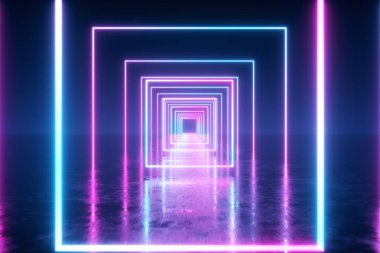 Parlayan neon kareler, floresan ultraviyole ışık ile uzayda Soyut uçuş. 3d illüstrasyon