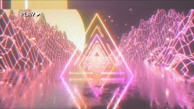 80'lerin tarzında parlayan neon üçgeni ile retro fütüristik bir alanda uçan. 3d illüstrasyon. Eski film kasetinin gürültü, parazit ve distorsiyon ile etkisi.