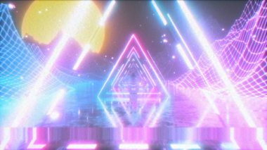 80'lerin tarzında parlayan neon üçgeni ile retro fütüristik bir alanda uçan. 3d illüstrasyon. Eski film kasetinin gürültü, parazit ve distorsiyon ile etkisi.