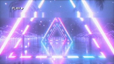 80'lerin tarzında parlayan neon üçgeni ile retro fütüristik bir alanda uçan. 3d illüstrasyon. Eski film kasetinin gürültü, parazit ve distorsiyon ile etkisi.