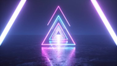 Sis, mavi pembe mor spektrum, floresan ultraviyole ışık, modern vj renkli aydınlatma, 3d illüstrasyon ile bir tünel oluşturma metal zemin ile parlayan neon üçgenler ile Uçan