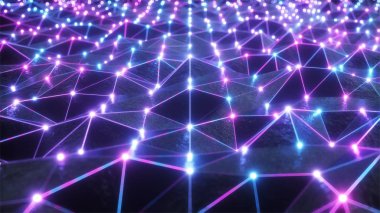 Neon ızgara ve parlak küreler ile retro fütüristik tarzı bir kabartma alanının manzara üzerinde uçan. Modern ultraviyole ışık. 3d illüstrasyon