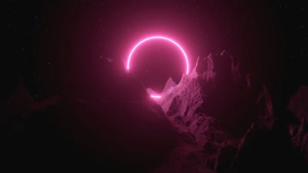 美しいミニマルな幻想的な風景。回転する夜空を背景に、山々の間の明るい紫色のネオンサークル。3Dイラスト — ストック写真