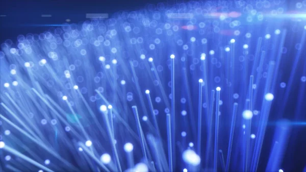 Des millions de fils de fibre optique transmettant un signal, un signal clignotant, le concept de la dernière technologie. Illustration 3d — Photo