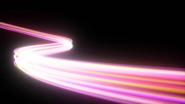 Bright orange neon glowing fast moving streams of light, along a trajectory. Fast energy flying wave line with flash lights. Animation magic swirl trace path on black background. 3d illustration
