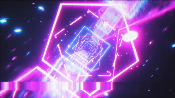 Pazzo volo in uno spazio futuristico retrò attraverso figure luminose al neon nello stile degli anni '80. Illustrazione 3d. Film effetto VHS con distorsioni, rumore e aberrazione cromatica — Foto Stock