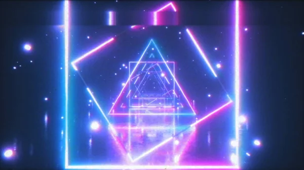 Abstrakcyjny lot w kosmosie poprzez świecące neonowe kwadraty. Niebieskie różowe spektrum, Fluorescencyjne światło ultrafioletowe. ilustracja 3D — Zdjęcie stockowe