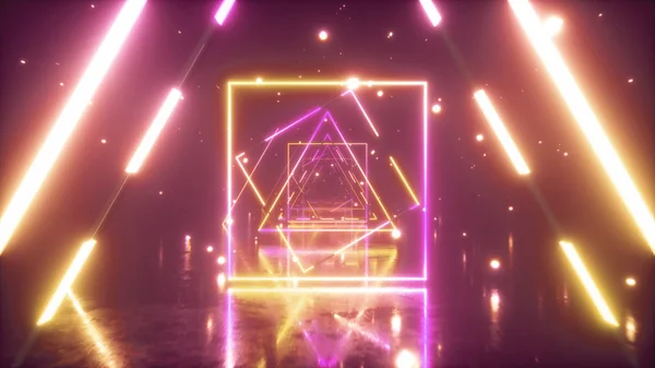 Пролетая через светящиеся неоновые треугольники с металлическим полом, создавая туннель с туманом, желтым розовым фиолетовым спектром, флуоресцентным ультрафиолетовым светом, современным цветным освещением VJ, 3d иллюстрацией — стоковое фото