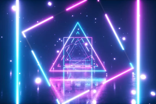 Αφηρημένη πτήση στο διάστημα μέσα από λαμπερά τετράγωνα νέον. Μπλε ροζ φάσμα, φθορισμού υπεριώδες φως. εικονογράφηση 3D — Φωτογραφία Αρχείου